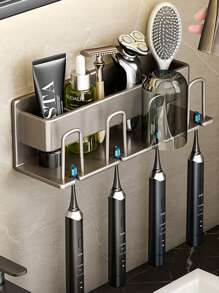 鐵灰色牙刷架具有牙杯掛鉤,可掛墻安裝的電動牙刷收納盒 - 黑色-三人 - 查看 2