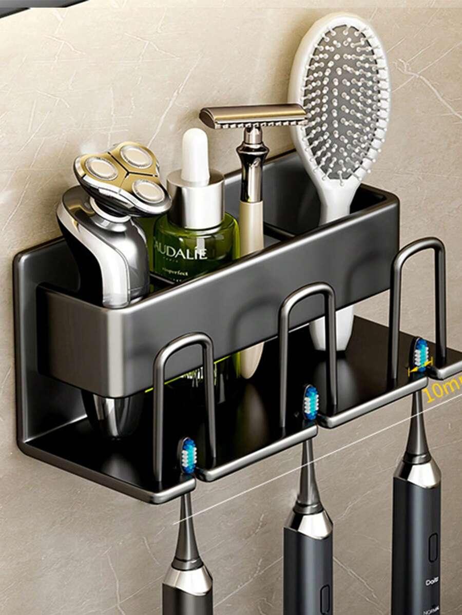 鐵灰色牙刷架具有牙杯掛鉤,可掛墻安裝的電動牙刷收納盒 - 黑色-三人 - 查看 1