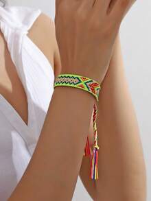 1條多彩波西米亞編織手鍊,女性時尚可調式彩色毛絨吉祥手鍊 - 熒光色 - 查看 1