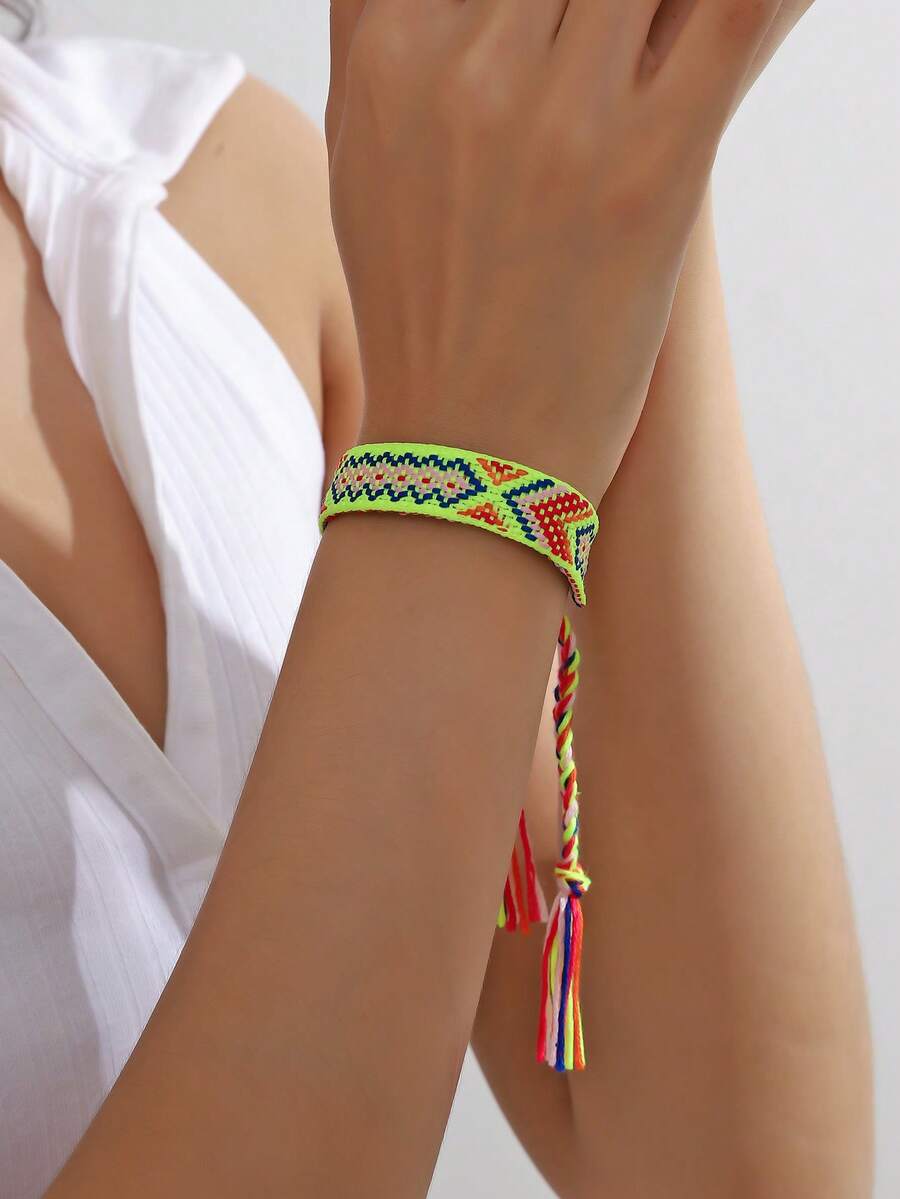 1條多彩波西米亞編織手鍊,女性時尚可調式彩色毛絨吉祥手鍊 - 熒光色 - 查看 1