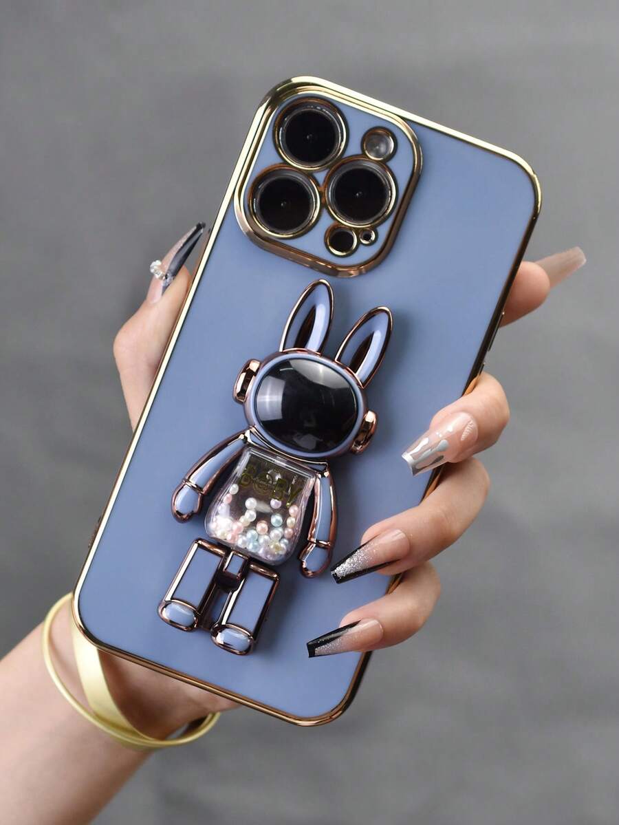 1pc Blue Plating Candy Rabbit Bracket Electroplated Phone Case With Hidden Stand, Shockproof Ultra-thin Protective Cover, Camera Lens Fully Covered, Voice Control Decompression Bracket, Soft Case Compatible With Iphone7 - Blue - View 1