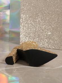 女款閃閃發光側拉鍊圓頭踝靴配方跟,時尚秋冬必備 - 金色 - 查看 3