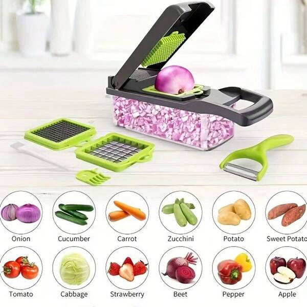 12/16 Peças/conjunto, Cortador De Legumes, Fatiador Multifuncional De Frutas, Ralador De Alimentos Com Alça, Cortador De Legumes, Cortador Com Recipiente, Picador De Cebola Com Múltiplas Lâminas Interchangeáveis, Ralador De Batata Doméstico, Utensílios De Cozinha, Gadgets De Cozinha