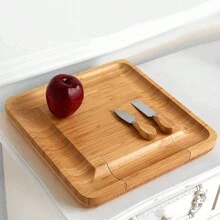 竹製奶酪板套裝 - 配有4把奶酪刀的高級熟肉板禮品套裝,帶可滑動抽屜的肉類水果盤 - 完美的派對,婚禮,新居,生日禮物 - 杏色 - 查看 4