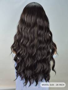 女士长款黑棕色波浪假发，棕色卷发刘海假发，水波纹合成纤维假发，耐热，适合日常佩戴和派对