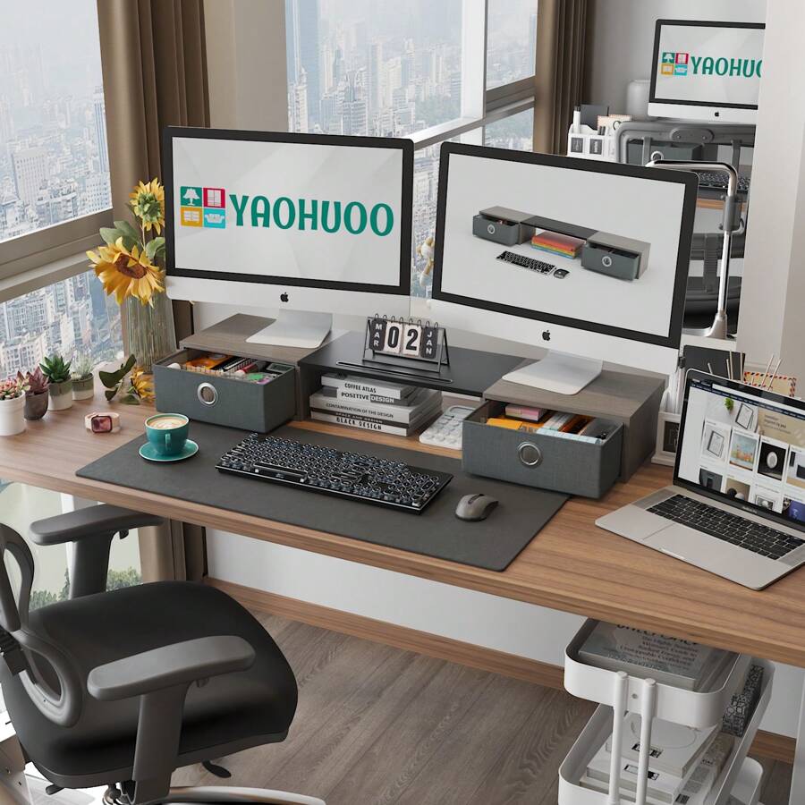 Dual Monitor Stand with 2 Drawers, Computer Monitor Riser for 2 ...