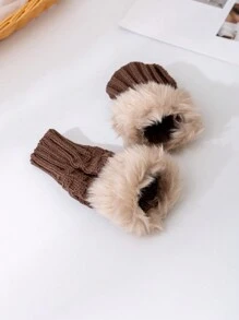 1 雙女式半指毛絨加厚針織手套可轉換連指手套,指尖外露,適合觸摸屏使用,冬季 - 咖啡棕 - 查看 6