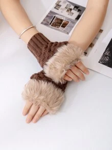 1 雙女式半指毛絨加厚針織手套可轉換連指手套,指尖外露,適合觸摸屏使用,冬季 - 咖啡棕 - 查看 4