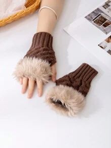 1 雙女式半指毛絨加厚針織手套可轉換連指手套,指尖外露,適合觸摸屏使用,冬季 - 咖啡棕 - 查看 3