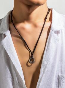 1pc Men's Retro Punk Style Round Pendant Pu Leather Necklace - Brown - View 1