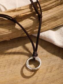 1pc Men's Retro Punk Style Round Pendant Pu Leather Necklace - Brown - View 4