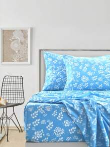 Lux Decor 4-Piece Floral Bed Sheet Set, High GSM Brushed Microfiber Bedding With 16-Inch Deep Pocket Fitted Sheet, Soft Cozy Breathable Bed Sheets And Pillowcases, Easy Care Bedding For Bedroom, Guest Room And Dorm - 藍色 - 查看 3