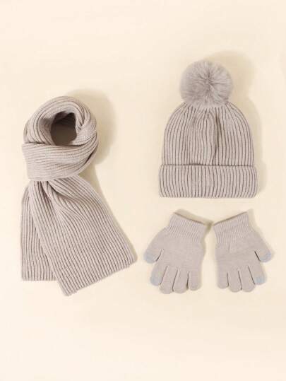 3pcs Kids' Unisex Solid Color Hat+scarf+gloves Set, Windproof Warmth Fashionable All-match Winter Accessories For Outdoors
