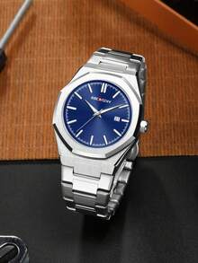 1入銀藍色時尚商務男士石英手錶