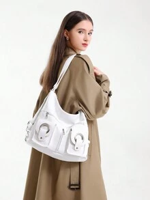 大容量柔軟皮革女包,學生包,肩背包,可當作背包、斜挎包、手提包使用 - 白色 - 查看 2