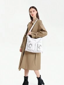 大容量柔軟皮革女包,學生包,肩背包,可當作背包、斜挎包、手提包使用 - 白色 - 查看 6