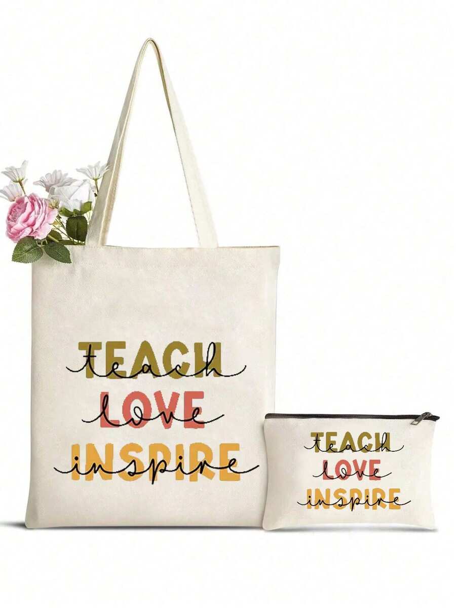 1入組teacher Love Inspire字母圖案印花肩托袋和化妝袋組合套裝,輕便可折疊的購物袋,時尚休閒大容量手提袋,肩背袋,適用於新生和大二的返校必備用品儲物,男女旅行化妝和洗漱用品儲存,是送給教師、家長和恩主的理想禮物。 - 米色 - 查看 1