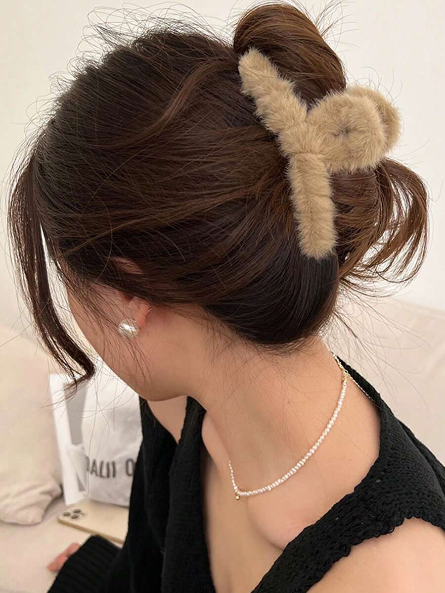 1 件裝女式毛絨卡其色髮夾,簡約風格,可愛時尚百搭,適合日常佩戴,洗臉,秋冬化妝和搭配衣服 - 卡其色 - 查看 1