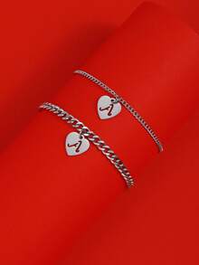 2入組時尚風格心形26個英文字母手鍊套裝,情侶日常生活必備 - 銀色 - 查看 3