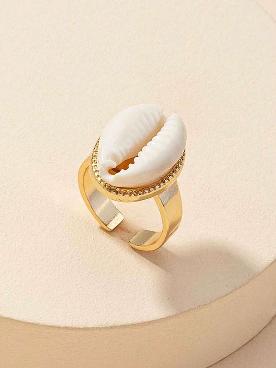 1 件時尚創意輕奢合金貝殼裝飾戒指適合女性日常佩戴、戶外活動、攝影和生日禮物 - 金色 - 查看 1