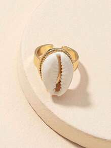 1 件時尚創意輕奢合金貝殼裝飾戒指適合女性日常佩戴、戶外活動、攝影和生日禮物 - 金色 - 查看 4
