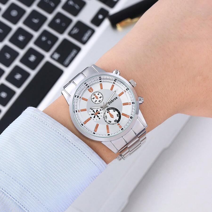 男士不鏽鋼帶商務休閒手錶,條形標記和石英運動 - 銀色 - 查看 1