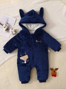 嬰幼兒男童秋冬季加厚連帽連身衣，保暖 - 藍色 - 查看 1