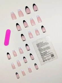 Juego De Uñas Postizas Con Forma De Almendra, Estilo Francés, Blanco Y Negro, Simple, 24 Uds., Para Uso Diario - Multicolor - Ver 2