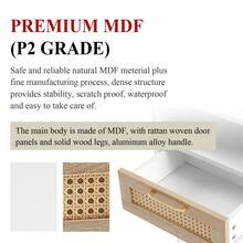 Rattan Nightstands, with Rattan Decor Drawer and Open Shelf, Bed Side Tables with Solid Wood Feet, End Table, Night Stands, for Bedroom, Living Room - trắng - Xem 6