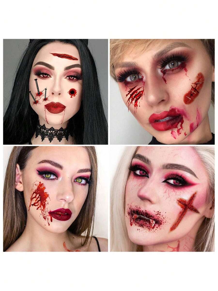 16pcs Halloween Temporary Tattoo Set, With Realistic Wound & Bloody Scar Stickers, Waterproof - Multicolor - View 1
