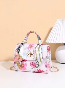 絲巾裝飾多彩印花托特包(隨機絲巾圖案) - 彩色 - 查看 2