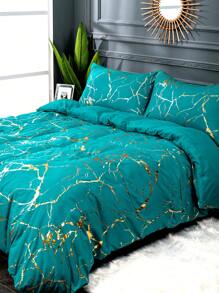 3pcs Classic Blue Gold Foil Print Texture Duvet Cover Set - Blue - View 2