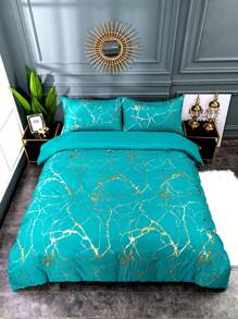 3pcs Classic Blue Gold Foil Print Texture Duvet Cover Set - Blue - View 7