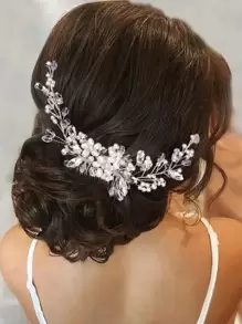 1 件装新娘时尚甜美仿珍珠和水钻装饰侧发饰精致婚纱发梳优雅头饰 - 銀色 - 查看 1
