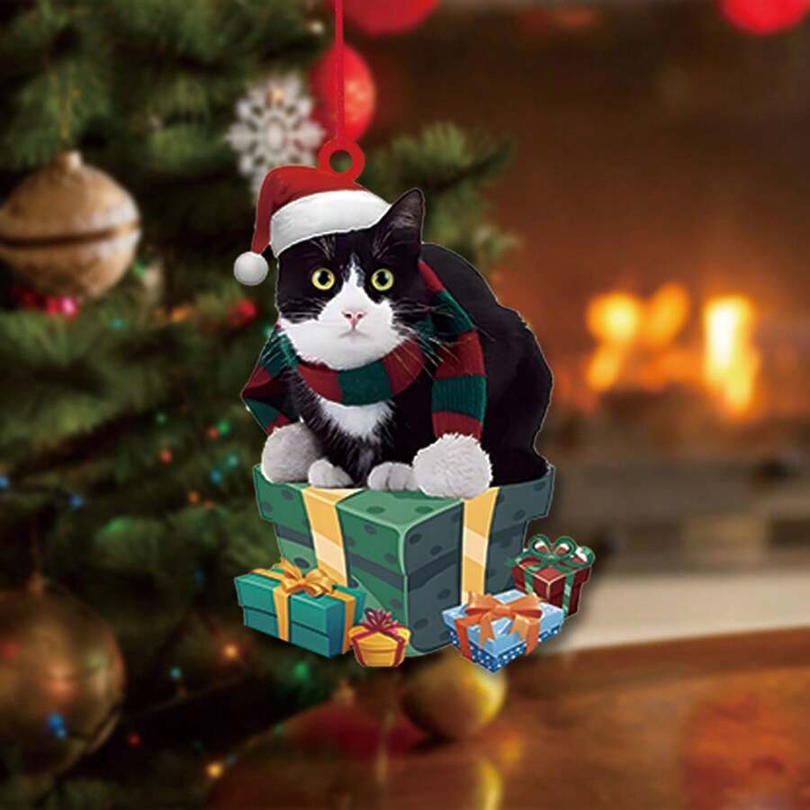 1入3mm厚度白色亞克力材質雙面印刷可愛黑貓聖誕樹吊飾,車用飾品,農舍客廳臥室戶外節日裝飾聖誕