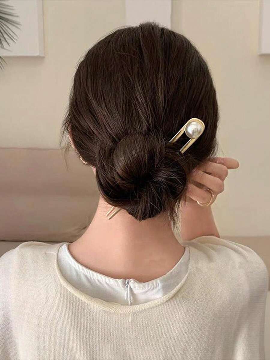 1入裝女士珍珠裝飾u型髮夾 - 金色 - 查看 1