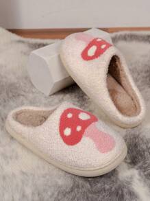 女士秋冬舒適毛絨蘑菇和植物刺繡家居鞋,臥室軟底拖鞋