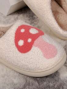 女士秋冬舒適毛絨蘑菇和植物刺繡家居鞋,臥室軟底拖鞋