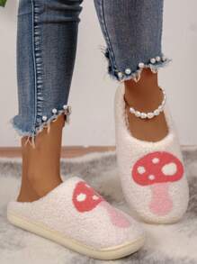 女士秋冬舒適毛絨蘑菇和植物刺繡家居鞋,臥室軟底拖鞋