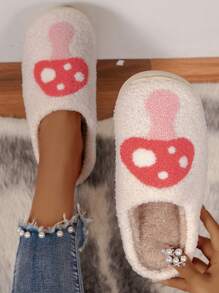 女士秋冬舒適毛絨蘑菇和植物刺繡家居鞋,臥室軟底拖鞋