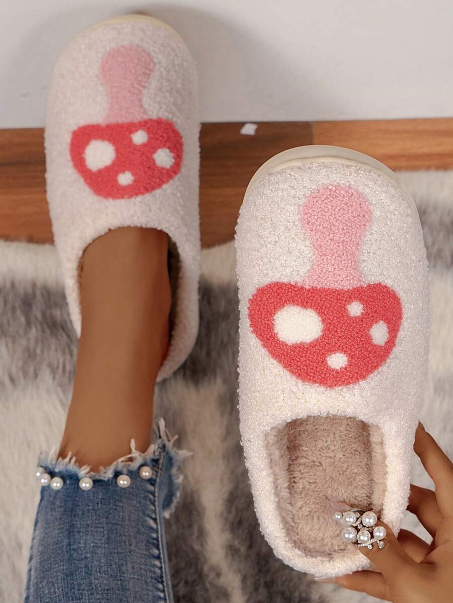 女士秋冬舒適毛絨蘑菇和植物刺繡家居鞋,臥室軟底拖鞋