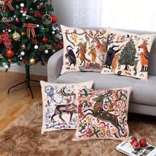 4pcs/set Christmas Themed Pillow Covers, Decorated With Christmas Tree, Deer, Rabbit, And Fox Pattern. Farmhouse Style Decoration, Suitable For Car, Sofa, Bed, Home, Outdoor. Pillow Core Not Included. - Multicolor - View 1