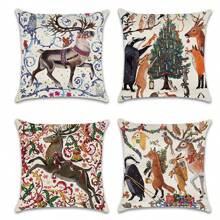 4pcs/set Christmas Themed Pillow Covers, Decorated With Christmas Tree, Deer, Rabbit, And Fox Pattern. Farmhouse Style Decoration, Suitable For Car, Sofa, Bed, Home, Outdoor. Pillow Core Not Included. - Multicolor - View 3