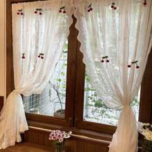 2入組法式浪漫白色蕾絲和可愛的櫻花薄紗窗簾 - 白色 - 查看 3