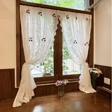 2入組法式浪漫白色蕾絲和可愛的櫻花薄紗窗簾 - 白色 - 查看 1