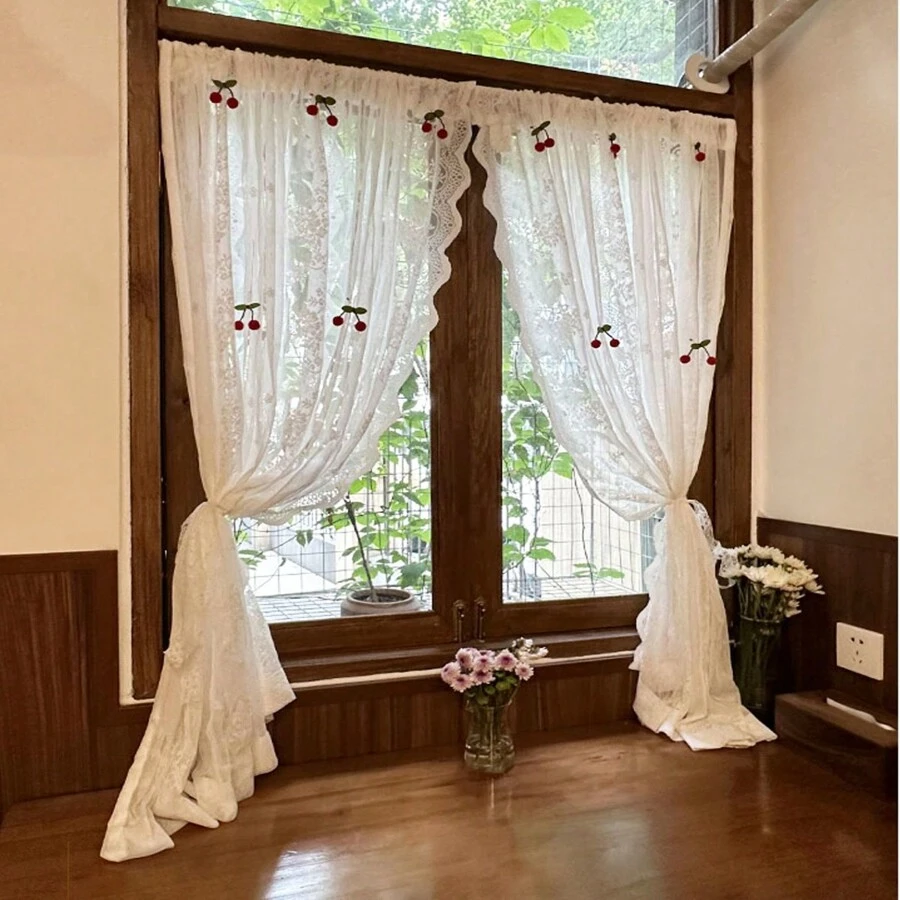 2入組法式浪漫白色蕾絲和可愛的櫻花薄紗窗簾 - 白色 - 查看 1