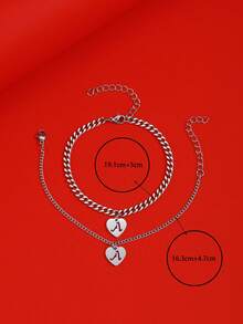 2入組時尚風格心形26個英文字母手鍊套裝,情侶日常生活必備 - 銀色 - 查看 4