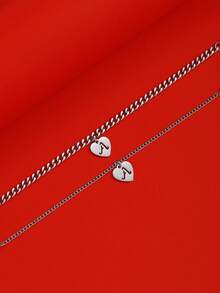 2入組時尚風格心形26個英文字母手鍊套裝,情侶日常生活必備 - 銀色 - 查看 2