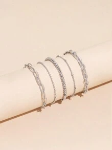 Conjunto de 5 pulseiras de metal minimalistas com corrente e contas vazadas para mulheres (quantidade aleatória de contas)
