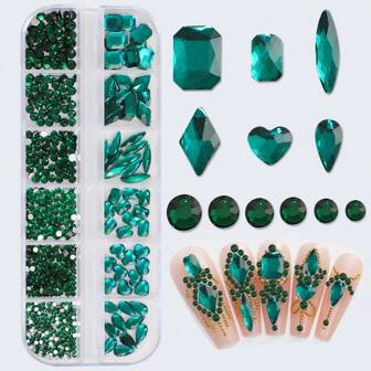 12-Grid Mixed Shape Y2K Aesthetic 3D Flat Back Nail Rhinestones, Glass Ab Crystal Gems, Accessories Kit For Diy Crafts, Face, Clothing, Nail Art Decoration Nail Charms Nail Supplies Nails